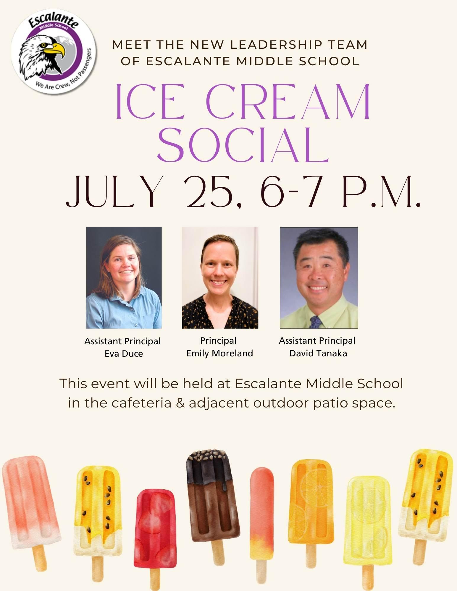 Ice Cream Social at Escalante Middle School promotional  flyer